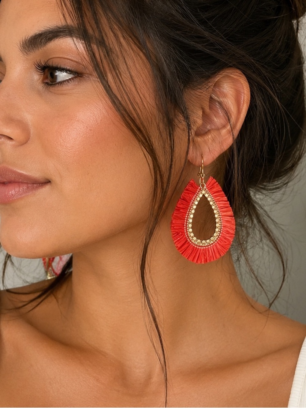 Ashley Cooper Red Teardrop Fringe Earrings with Gold Accents